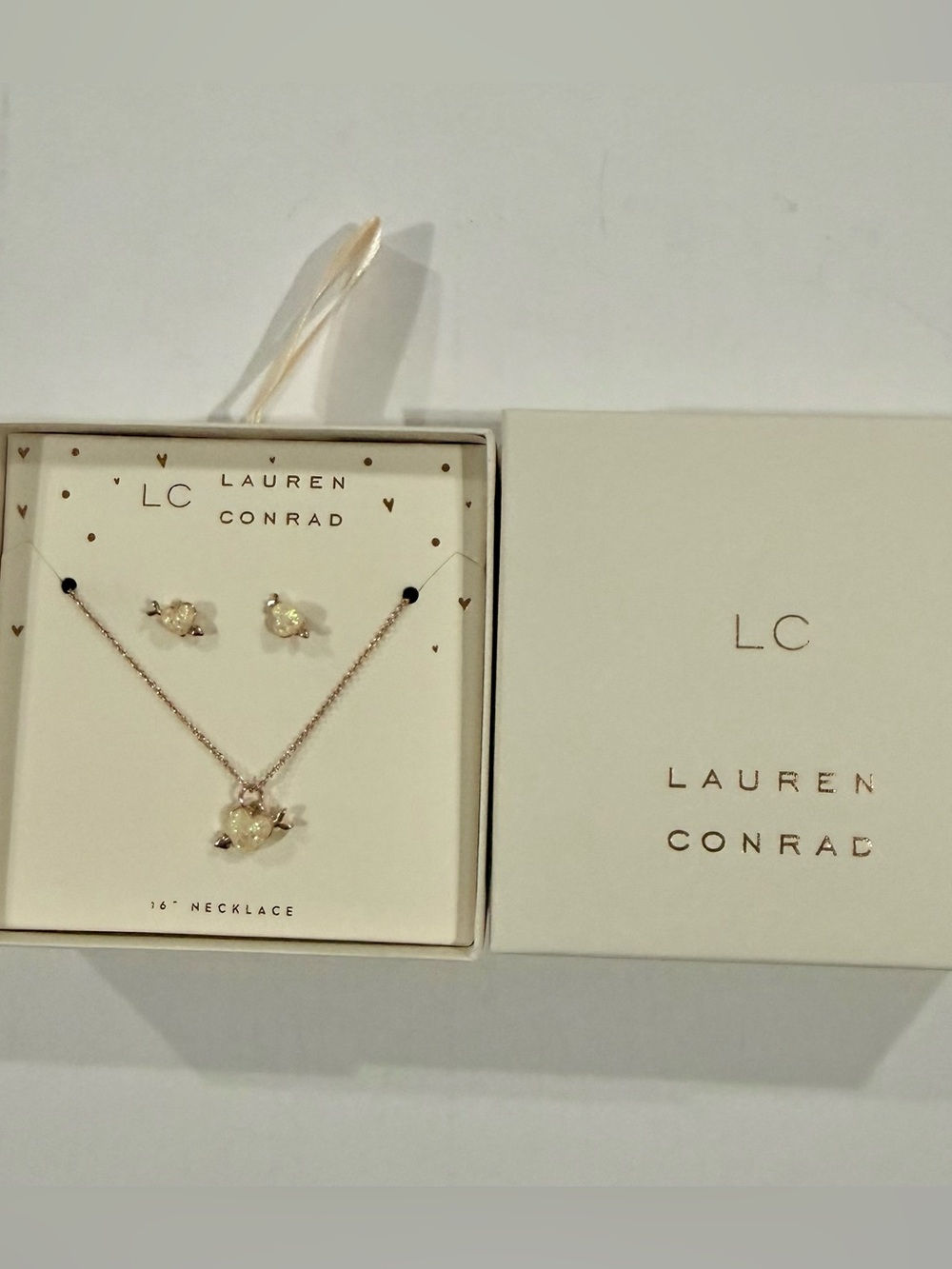Kohl's Lauren Conrad Rose Gold heart Necklace Earring Set opalite cute gift box